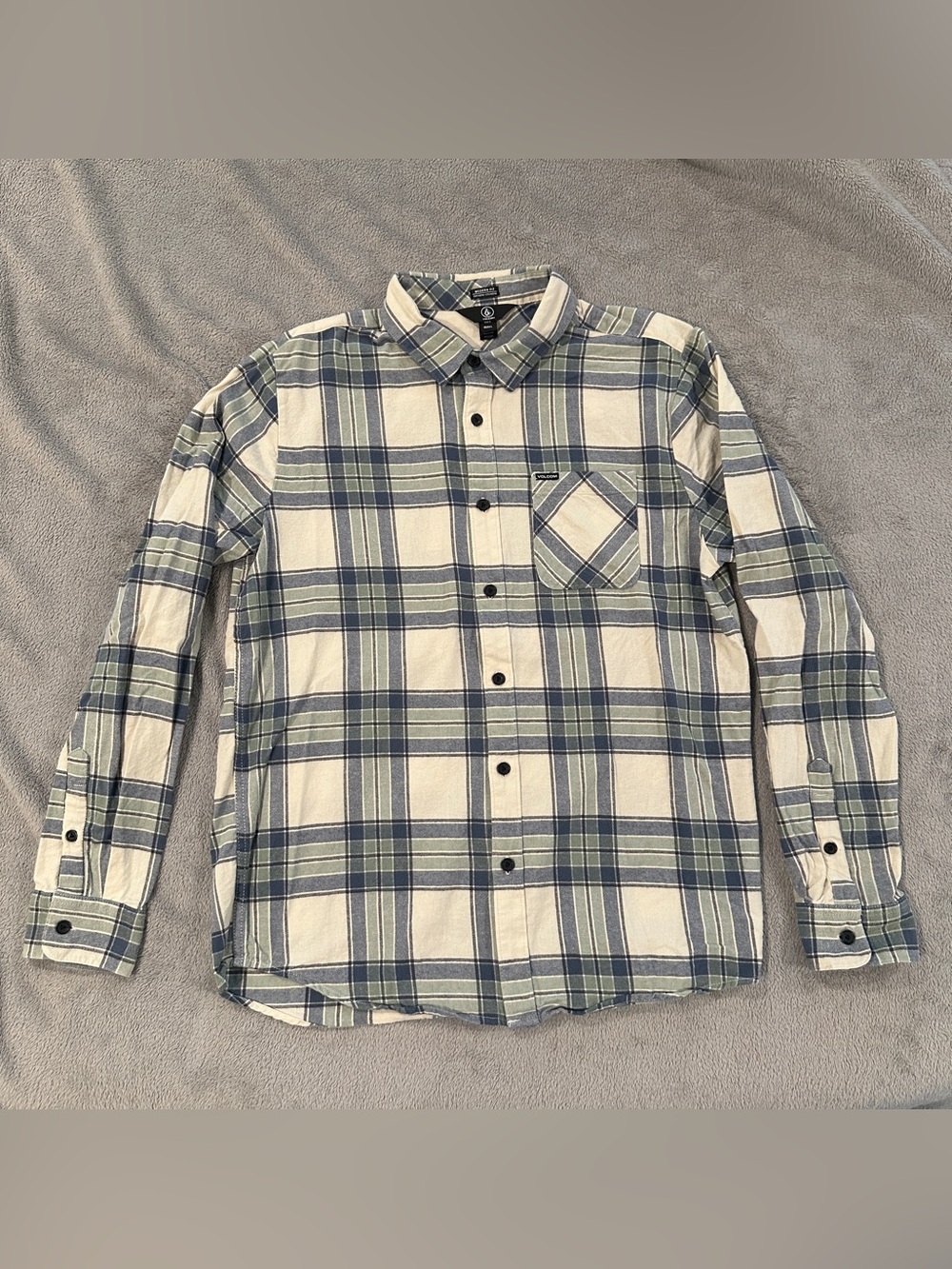 Volcom Men's White Plaid Button-Down Shirt with Blue & Green Checks